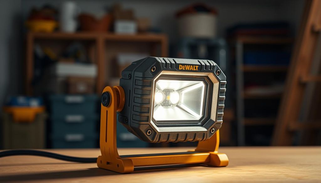a high-quality detailed photograph of the DEWALT LED work light, shot in a well-lit interior setting with a clean and organized background. The light is positioned prominently in the foreground, illuminated with a warm, ambient glow. The textured metal casing and sturdy construction of the work light are clearly visible, showcasing its durable and reliable design. The image captures the work light's versatility and functionality, conveying the sense of a trustworthy, professional-grade tool that would be suitable for a variety of projects and work environments.