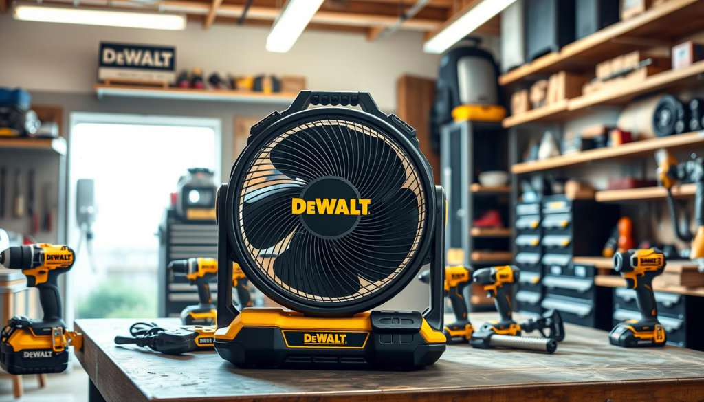 a high-quality, detailed, photorealistic image of a DEWALT 20V jobsite fan placed in a well-lit, organized workshop or garage setting. The fan is prominently featured in the middle ground, with its distinctive DEWALT branding and design elements clearly visible. The fan is positioned on a sturdy workbench or table, surrounded by various DEWALT power tools and accessories. The lighting is natural, with soft shadows and highlights that accentuate the fan's design. The background shows the interior of the workshop, with shelves, storage units, and other relevant equipment that creates a professional, well-maintained atmosphere suitable for a DEWALT product showcase.
