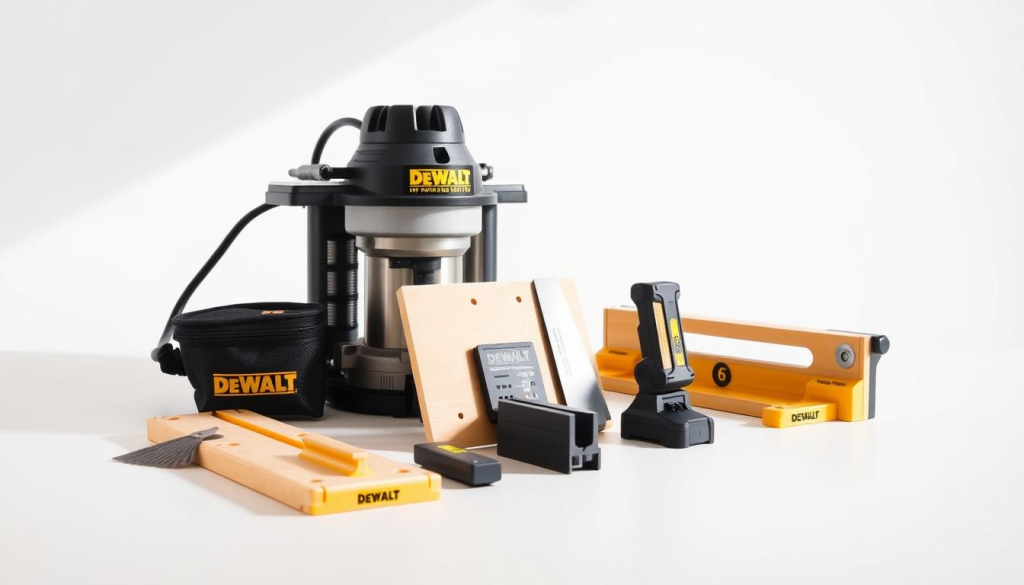 a high-quality, high-resolution image of a DEWALT router table with various essential accessories arranged on a clean white background, lit by natural daylight from the side, with a shallow depth of field to focus attention on the foreground elements. The accessories should include a DEWALT router bit set, a dust collection bag, a featherboard, a push block, and a cam-lock fence. The overall composition should be visually appealing and showcase the versatility and functionality of the DEWALT router table accessories.