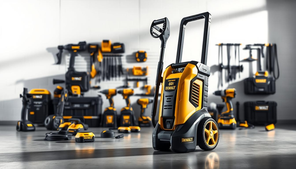 a high-quality, photorealistic image of a DeWalt 60V cordless pressure washer in a clean, well-lit workshop setting. The washer is prominently displayed in the foreground, its sleek black and yellow design gleaming under soft, directional lighting that casts long, dramatic shadows. The middle ground features a variety of DeWalt power tools and accessories, artfully arranged to showcase the pressure washer's place within the DeWalt ecosystem. The background is a crisp, minimalist white wall, allowing the device to take center stage. The overall scene conveys a sense of power, precision, and the high-performance capabilities of the DeWalt 60V pressure washer.
