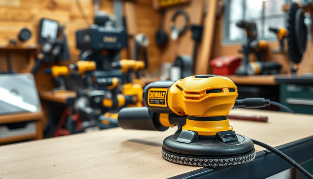 a high-resolution photo of a DEWALT buffer polisher in a well-lit workshop setting. The polisher is positioned on a clean workbench, with a smooth wood or metal surface. The polisher is shown in the foreground, capturing its sleek, professional design in vivid detail. The middle ground features a selection of DEWALT tools and accessories, neatly arranged, suggesting a well-equipped workspace. The background showcases the warm, inviting atmosphere of the workshop, with subtle hints of machinery and tools in the periphery. The lighting is soft and natural, creating a sense of clarity and focus on the DEWALT buffer polisher as the central subject.