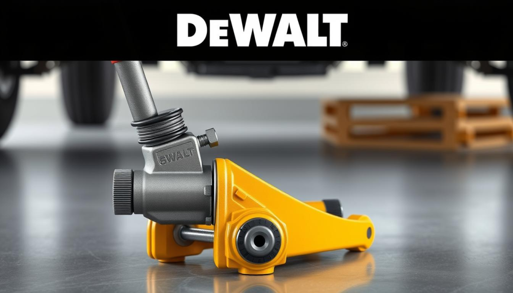 a highly detailed and photorealistic digital illustration of a Dewalt jack safety mechanism, shot from a medium angle with natural lighting and a slightly shallow depth of field. The foreground focuses on the jack's safety features, including the locking mechanism, safety release lever, and weight capacity indicator. The middle ground showcases the sturdy construction and metallic finish of the jack, while the background provides a clean, minimalist environment to highlight the product. The overall mood is one of precision, reliability, and attention to safety, conveying the message that the Dewalt jack is a powerful yet safe tool for a variety of applications.