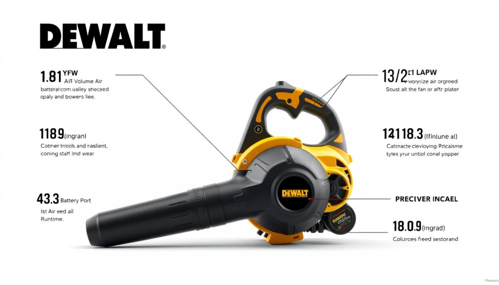 a highly detailed, high-resolution, photorealistic image of the DEWALT cordless blower in a well-lit, clean studio environment, showcasing its key specifications in a clear and organized manner. The blower should be centered in the frame, with a clean white background, allowing the details and design elements to stand out prominently. Capture the sleek, modern aesthetic of the tool, highlighting its compact size, ergonomic handle, and the battery port. Include precise technical details such as the blower's air volume, air speed, and runtime. Convey a sense of quality, power, and efficiency through the lighting and composition.