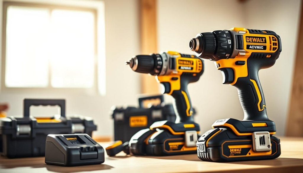 a highly detailed, hyper-realistic photograph of the DEWALT Atomic Compact Series power tools, showcasing their sleek and compact design. The tools are arranged in a visually striking composition, with the main focus on a cordless impact driver and drill set in the foreground, illuminated by natural daylight streaming through a window. The middle ground features complementary DEWALT accessories like a toolbox and battery charger, while the background subtly fades into a clean, modern workspace setting. The overall image conveys a sense of professional-grade quality, efficiency, and the versatility of the DEWALT Atomic lineup, perfectly suited for a wide range of DIY and trade applications.