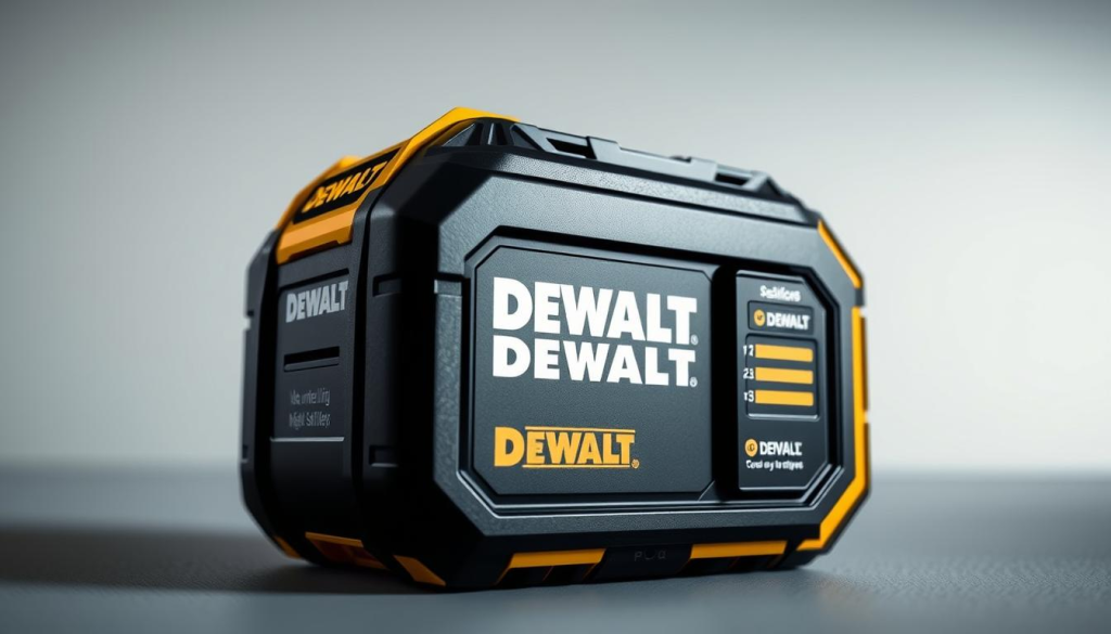 a highly detailed, photorealistic image of a DEWALT cordless nail gun battery pack, showcasing its advanced technology. The battery pack is the prominent focus, occupying the foreground, with a clean, well-lit studio environment providing the background. The battery features intricate details, such as the individual cells, cooling vents, and the DEWALT logo, all rendered with precision. The lighting accentuates the sleek, modern design, creating a sense of power and efficiency. The image conveys the reliability and innovation of DEWALT's battery technology, aligning with the article's subject and section title.
