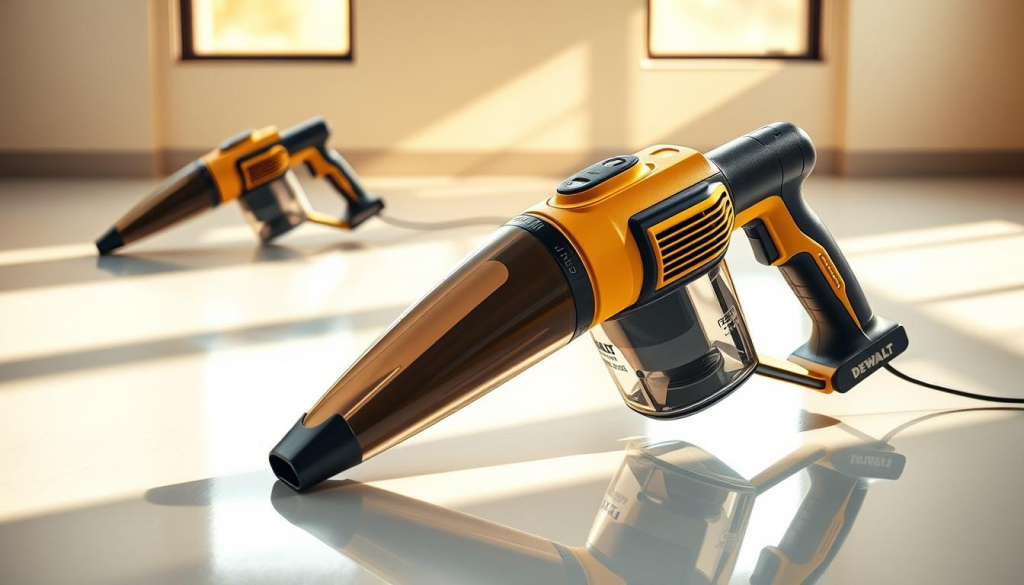 a highly detailed, photorealistic image of a DEWALT handheld vacuum in a well-lit indoor setting, positioned on a clean, reflective surface. The vacuum is shown from multiple angles, with a focus on its ergonomic design, power button, and dust collection container. The lighting is natural and warm, casting soft shadows and highlights that accentuate the product's sleek, durable construction. The background is minimalistic, allowing the viewer to focus on the vacuum's features and quality. The overall mood is one of professionalism, functionality, and consumer confidence.