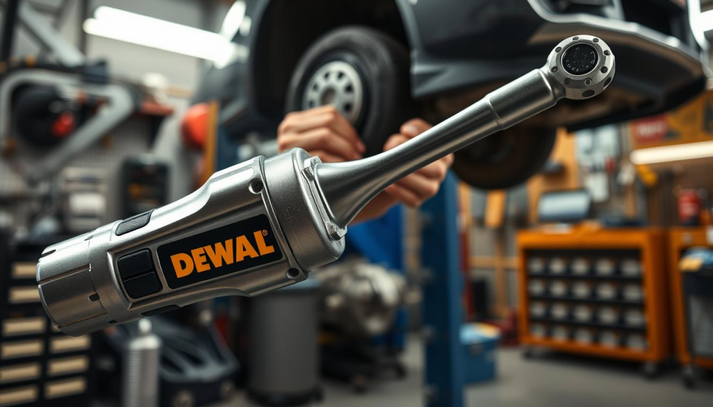 a highly detailed, photorealistic image of a DEWALT ratchet tool in an automotive repair setting. The ratchet is positioned prominently in the foreground, its metallic body and sleek design gleaming under soft, directional lighting. In the middle ground, a mechanic's hands are using the ratchet to tighten a vehicle component, the tool's smooth motion and power conveyed through the dynamic posture. The background features a well-equipped workshop with various tools, automotive parts, and a partially visible vehicle, all rendered with a high level of realism and attention to detail. The overall scene exudes a sense of professionalism, functionality, and the reliable performance of the DEWALT ratchet tool.