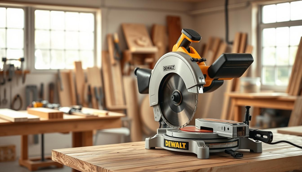 a highly detailed, photorealistic image of a Dewalt 12-inch compound miter saw on a wooden workbench, set against a backdrop of a well-lit woodworking workshop. The saw is positioned in the foreground, its brushed metal and black plastic housing reflecting the warm lighting. The blade guard is open, revealing the sharp, carbide-tipped saw blade. The miter and bevel adjustment controls are clearly visible, showcasing the saw's precision and versatility. In the middle ground, various woodworking tools and materials are neatly organized, hinting at the saw's common uses for trim work, crown molding, and other precise cutting tasks. The background features a clean, clutter-free workspace with natural light streaming in from large windows, creating a sense of productivity and craftsmanship.