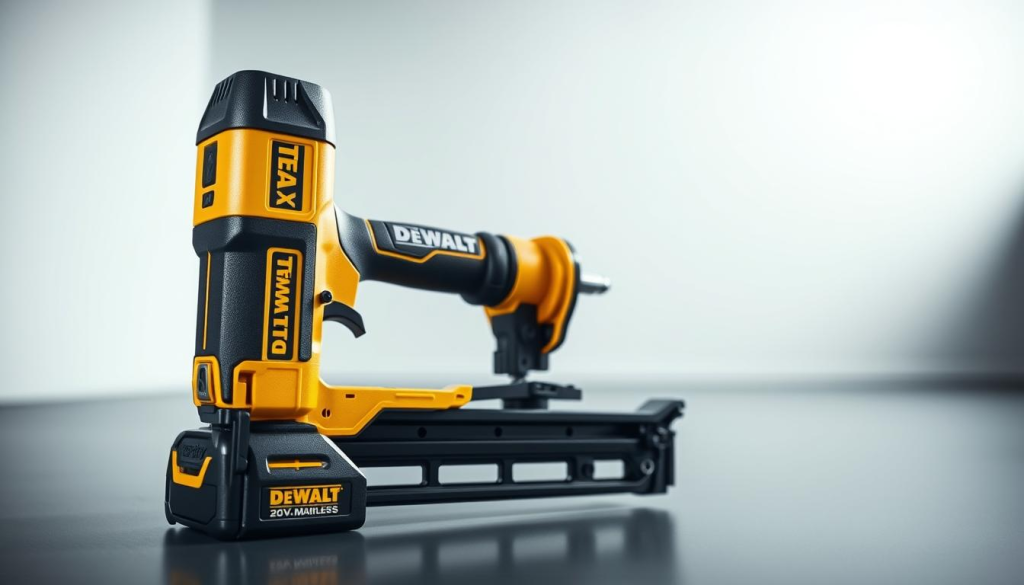 a highly detailed, photorealistic image of a cordless DEWALT 20V MAX XR Lithium-Ion Brushless Drywall Screw Gun, captured in a well-lit studio setting with a shallow depth of field. The nail gun is presented in the foreground, its sleek black and yellow exterior reflecting the studio lighting. The middle ground features a clean, minimalist background with subtle gradients to draw focus to the tool. The lighting is soft and diffused, creating a sense of depth and dimension. The composition emphasizes the power, precision, and portability of the cordless nail gun, showcasing its key features and highlighting its usefulness for the "Benefits of Using a Cordless Nail Gun" section.