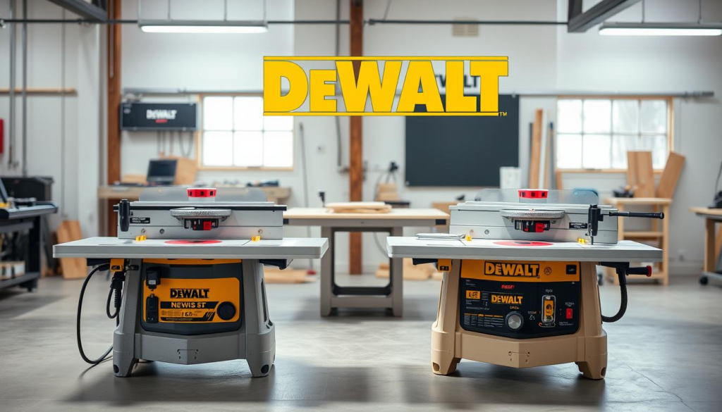high-quality, detailed comparison image of DEWALT router table models, placed in a well-lit, modern workshop setting, showcasing the different models side-by-side with their distinctive features and specifications clearly visible. The image should have a clean, professional look, with a focus on the router tables and their technical details, allowing the viewer to easily compare and contrast the different models. The lighting should be natural and evenly distributed, highlighting the materials, textures, and design elements of the router tables. The camera angle should be positioned to provide a clear, unobstructed view of the products, allowing the viewer to appreciate the size, scale, and overall aesthetic of the DEWALT router table lineup.