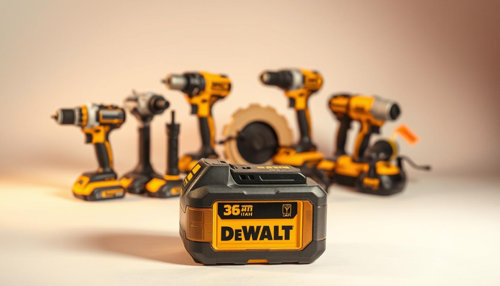 A DEWALT 8AH power tool battery placed prominently in the foreground, its robust and high-capacity design clearly visible. The battery is illuminated by warm, directional lighting, casting subtle shadows that accentuate its contours and texture. In the middle ground, a variety of DEWALT power tools, such as a drill, impact driver, and circular saw, are arranged neatly, suggesting the battery's versatile compatibility and power capabilities. The background features a clean, minimalist studio setting, with a plain backdrop that allows the subject to take center stage. The overall composition and lighting create a professional, high-quality visual representation of the 8AH Powerpack's real-world applications.