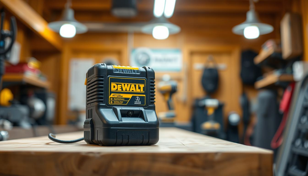 A DEWALT battery charger standing prominently in a clean, well-lit workshop setting. The charger is positioned on a sturdy wooden workbench, its sleek black and yellow design gleaming under the warm, diffused lighting from overhead fixtures. The background is blurred, allowing the charger to be the focal point, conveying a sense of purpose and importance. The image is captured from a slightly elevated angle, giving a sense of authority and professionalism to the device. The overall mood is one of efficiency, reliability, and technical precision, reflecting the high-quality standards associated with the DEWALT brand.