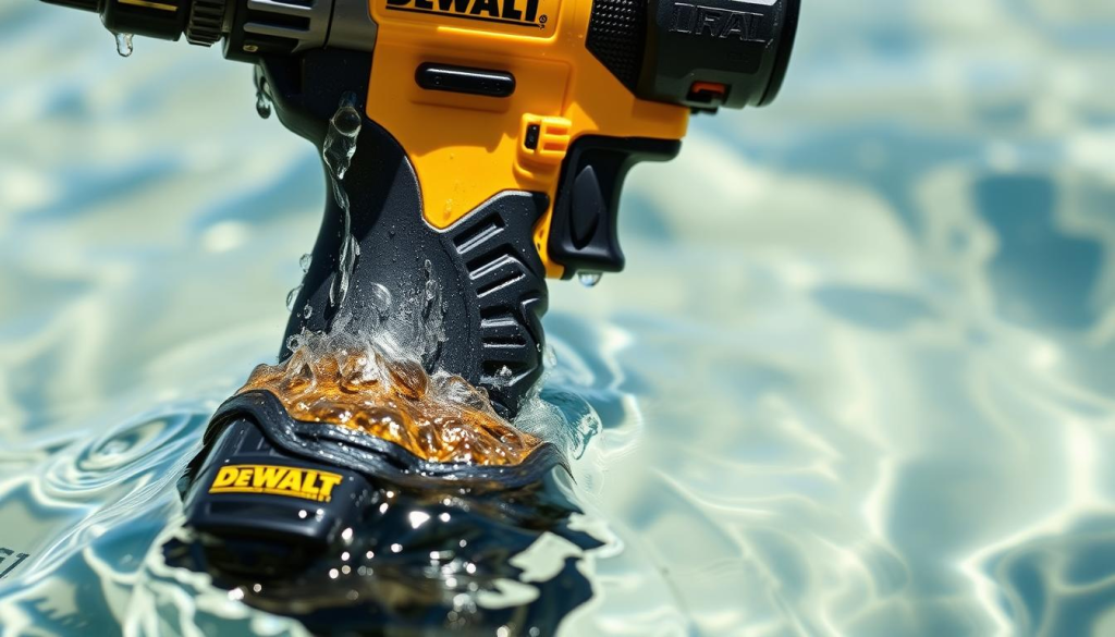A DEWALT drill partially submerged in clear water, with water droplets cascading down its rugged exterior. The tool is captured in a bright, natural light, casting crisp shadows on the surface. The background blurs out, putting the focus on the drill's durability and resilience to moisture exposure. The scene conveys a sense of weathered reliability, hinting at the tool's ability to withstand the elements and continue functioning effectively, aligning with the customer feedback highlighted in the article section.