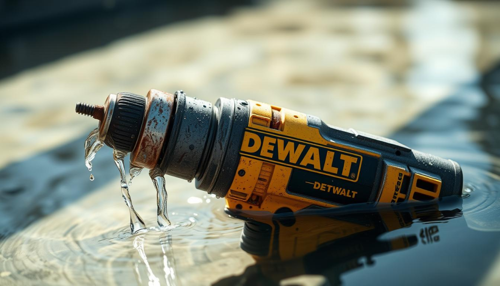A DEWALT drill submerged in a shallow pool of water, droplets cascading down its weathered casing. The tool's surface is marred by water stains, the metal components slightly rusted. Bright natural light filters through the scene, casting dramatic shadows and highlights that accentuate the drill's worn texture. The background is blurred, placing the focus squarely on the damaged tool, evoking a sense of concern and the need for proper care and maintenance. The overall mood is one of cautionary reflection, a reminder of the importance of safeguarding power tools from the elements.