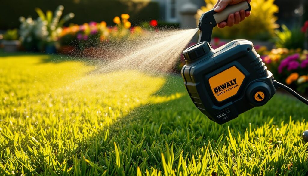 A DEWALT electric sprayer in use, capturing the action of a skilled gardener spraying a lush, verdant lawn. The foreground showcases the sprayer's sleek, ergonomic design, with its powerful motor and adjustable nozzle in sharp focus. The middle ground depicts the dispersing mist of water droplets, casting a gentle, misty haze over the meticulously maintained grass. In the background, a well-tended garden with vibrant flowers and shrubs provides a harmonious backdrop, bathed in warm, natural sunlight that casts a soft, golden glow over the entire scene. The overall mood is one of efficiency, productivity, and the satisfaction of a job well done in maintaining a beautiful outdoor space.