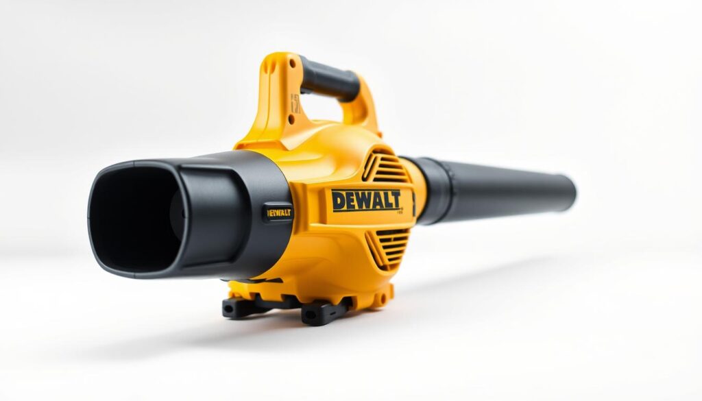 A DEWALT yard blower with an ergonomic design, showcasing its sleek and modern aesthetic. The blower is centrally positioned, capturing its streamlined silhouette and attention-grabbing yellow-and-black color scheme. The foreground emphasizes the thoughtful handle placement and contoured body, highlighting the user-friendly experience. The middle ground depicts the powerful air intake and exhaust vents, conveying the blower's efficient performance. The background is a clean, minimalist setting, allowing the product to be the focal point. Soft, diffused lighting accentuates the blower's smooth curves and metallic accents, creating a sense of premium quality. The overall scene communicates the DEWALT yard blower's ergonomic design and ease of use.