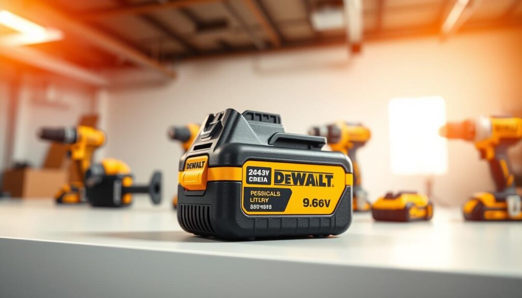 A DeWalt 9.6V battery in the foreground, its sleek black and yellow design prominently displayed against a soft, diffused background. The battery rests on a clean, white surface, illuminated by warm, natural lighting from the side. The middle ground features a selection of DeWalt power tools, their shapes and colors complementing the battery. In the background, a clean, minimalist environment with hints of industrial elements, conveying a sense of quality and reliability. The overall atmosphere is one of precision, functionality, and the enduring performance of the DeWalt brand.