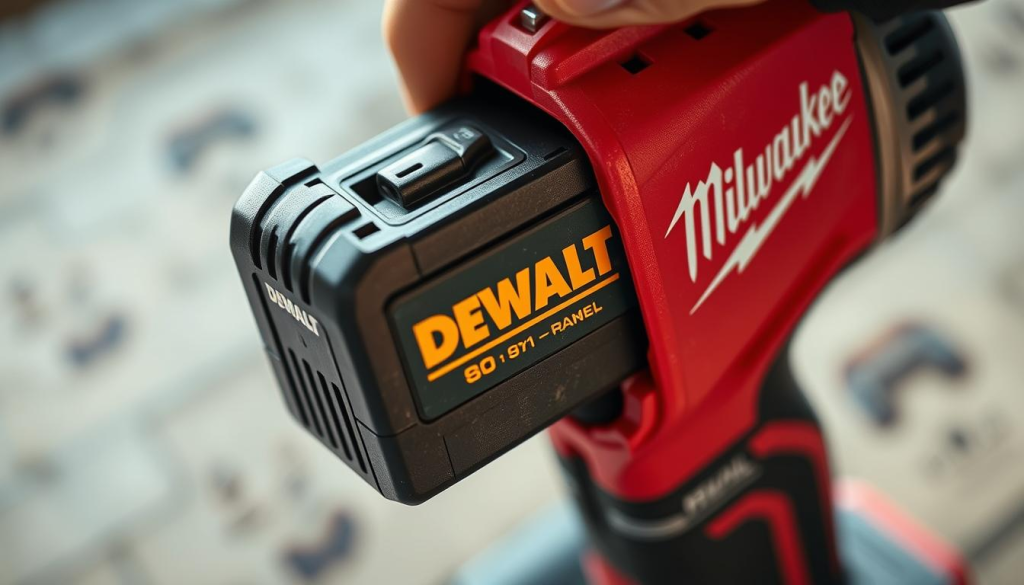 A DeWalt battery seamlessly fitting into a Milwaukee power tool, captured in a high-resolution, close-up photograph. The lighting is natural and diffused, creating soft shadows that accentuate the textures and contours of the battery and tool interface. The camera angle is positioned at eye level, providing a level of intimacy and highlighting the precise fit and integration of the two components. The background is blurred, keeping the focus on the central action of the battery swap. The overall mood is one of smooth, effortless functionality, reflecting the real-life experiences of users who have successfully interchanged DeWalt and Milwaukee batteries.