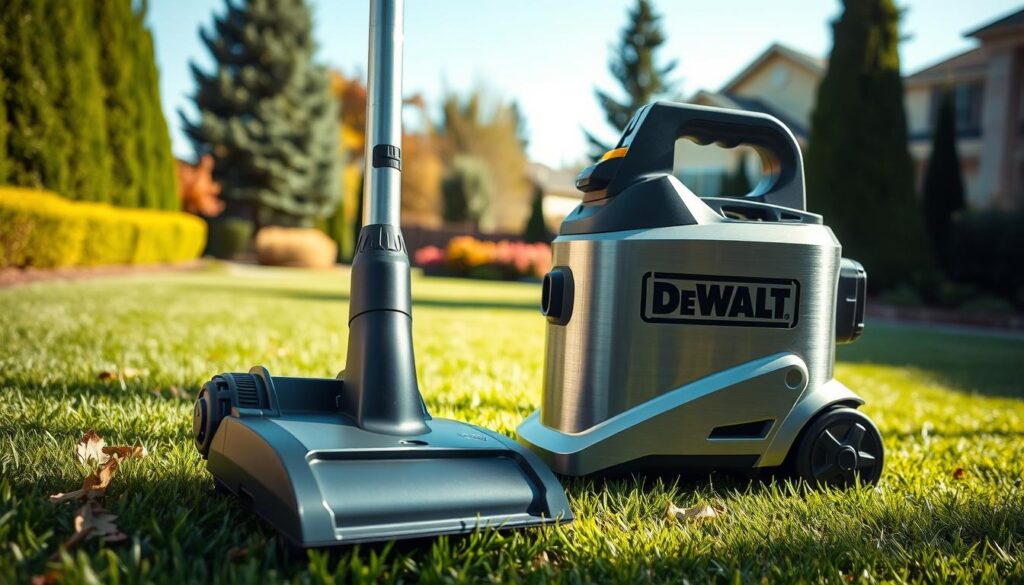 A DeWalt outdoor vacuum standing prominently in a well-lit, neatly manicured yard. The vacuum's sleek, brushed metal body reflects the sunlight, creating an aura of power and efficiency. In the foreground, the vacuum's large intake nozzle is ready to effortlessly suck up leaves, twigs, and other yard debris. The middle ground features a lush, green lawn, dotted with a few scattered leaves, hinting at the vacuum's impressive cleaning capabilities. The background showcases a picturesque suburban setting, with tall trees and a clear, blue sky, conveying a sense of tranquility and outdoor serenity. The overall scene exudes a feeling of reliable, hassle-free yard maintenance.