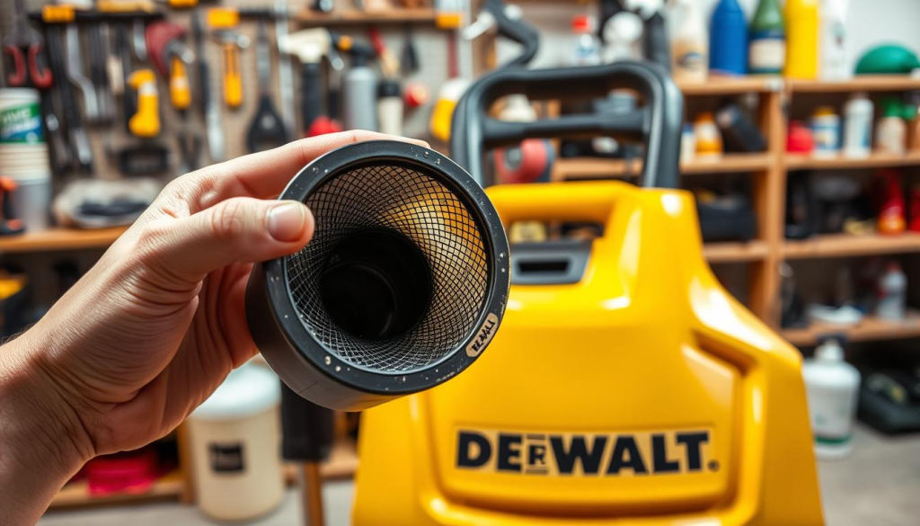 A DeWalt power washer filter being carefully cleaned against a backdrop of a well-organized workshop. The filter is held in the foreground, its intricate mesh structure visible under the warm, focused lighting. The middle ground showcases the power washer unit, its sleek, yellow casing gleaming. In the background, shelves laden with various tools and cleaning supplies create a sense of a professional, meticulously maintained workspace. The scene conveys a mood of diligence, efficiency, and a commitment to maintaining the power washer's longevity through proper maintenance.