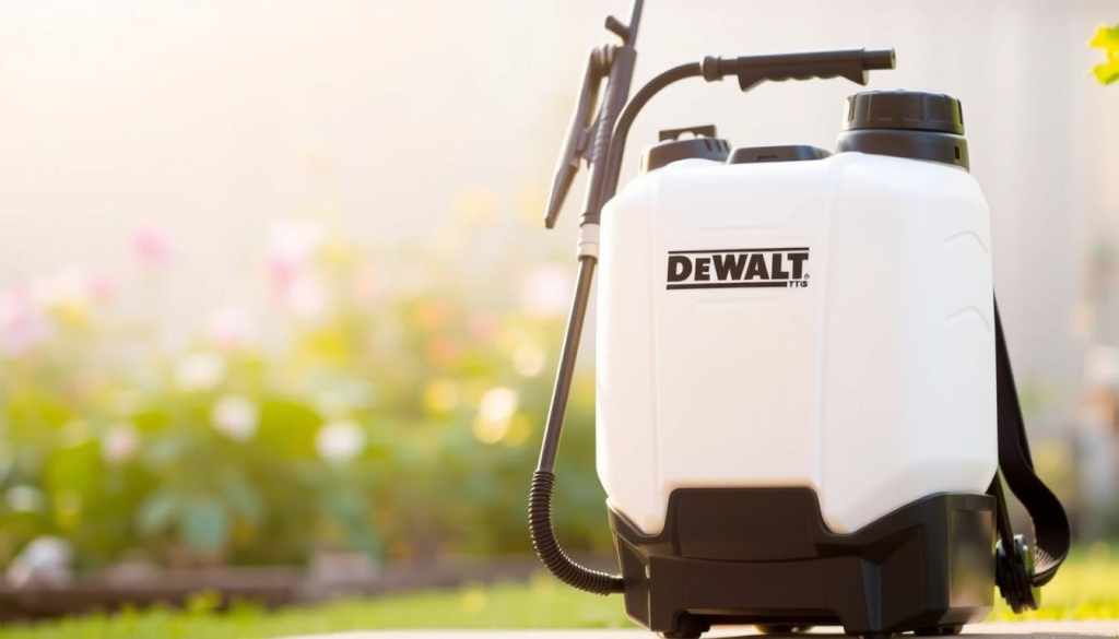 A Dewalt 4 Gallon Backpack Sprayer against a soft, blurred background. The sprayer is prominently displayed in the foreground, its sleek and sturdy construction captured in natural, warm lighting. The middle ground features a garden setting with lush foliage, hinting at the sprayer's intended use. The background is slightly out of focus, creating a sense of depth and emphasizing the sprayer as the central subject. The overall mood is one of efficiency, professionalism, and practical utility, reflecting the user experience and feedback for this product.