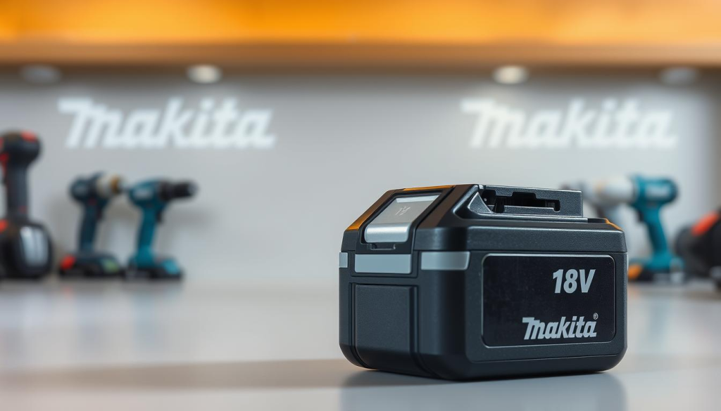 A Makita 18V lithium-ion battery in the foreground, rendered with meticulous detail. The battery's sleek, modern design and metallic finish gleam under the warm, directional lighting. In the middle ground, a subtle, minimalist background showcases the battery's versatility and compatibility with various Makita power tools. The overall mood is one of precision, power, and practicality, reflecting the reliable performance of this essential Makita accessory.