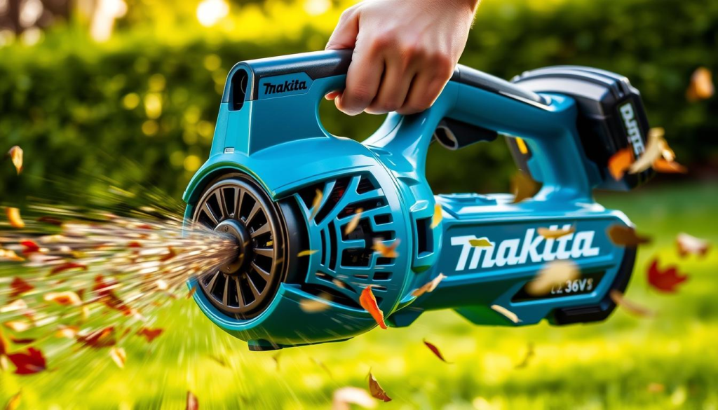 A Makita 36V cordless blower, its sleek blue shell gleaming under a warm spotlight. The powerful motor whirs to life, generating a focused stream of air that swirls leaves and debris in an energetic dance. The blower's ergonomic design fits comfortably in the user's hand, allowing for precise control and maneuverability. In the background, a lush, verdant landscape suggests the tool's outdoor application, its performance and power ready to tackle any yard work with ease.