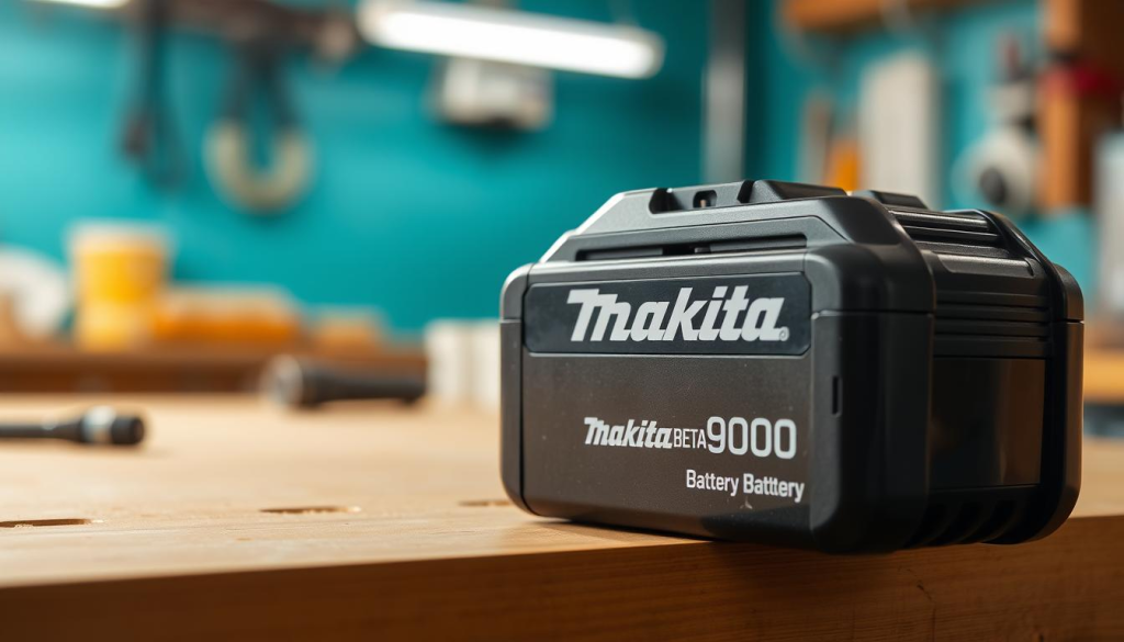 A Makita 9000 battery resting on a clean, well-lit workbench. The battery is shown in close-up, its sleek black casing gleaming under warm studio lighting. The background is blurred, placing the focus squarely on the battery's form and design. The image conveys a sense of power, reliability, and technical precision - qualities that are essential when choosing the right Makita battery for your tools.