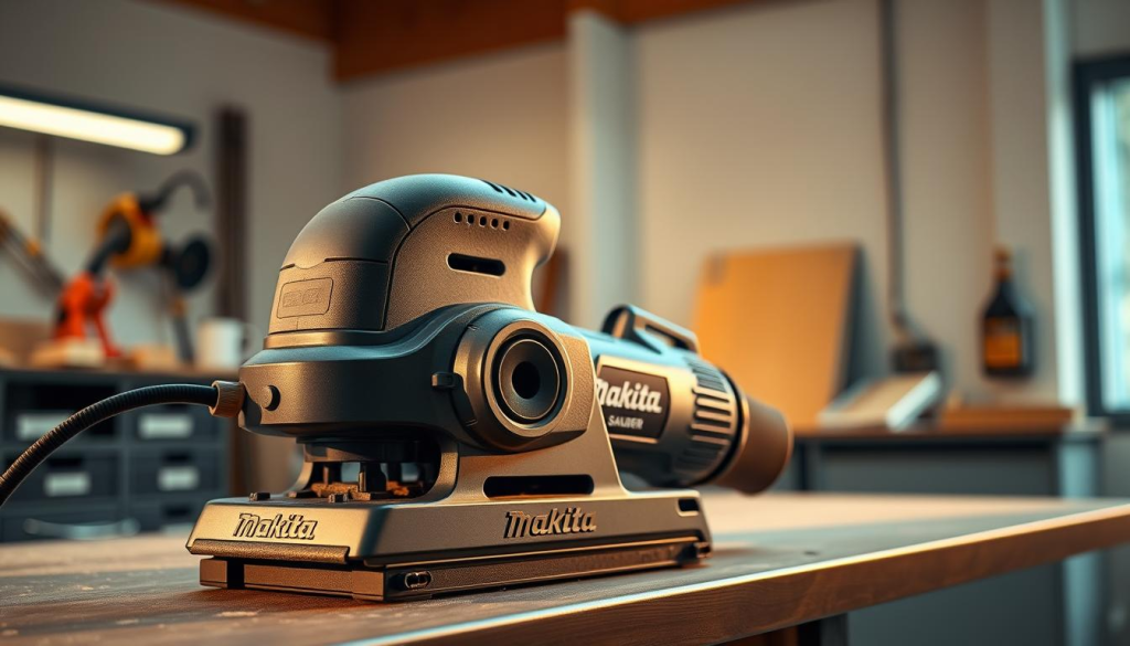 A Makita 9403 belt sander in a well-lit, modern workshop setting. The tool's ergonomic design is highlighted, with a focus on the comfortable, rubberized grip and the sleek, streamlined body. The sander is positioned at a slightly elevated angle, showcasing its balanced weight distribution and intuitive controls. Warm, directional lighting casts subtle shadows, emphasizing the sander's smooth contours and sturdy construction. The background features a clean, minimalist workspace, allowing the tool to take center stage and showcase its refined, professional-grade aesthetics.