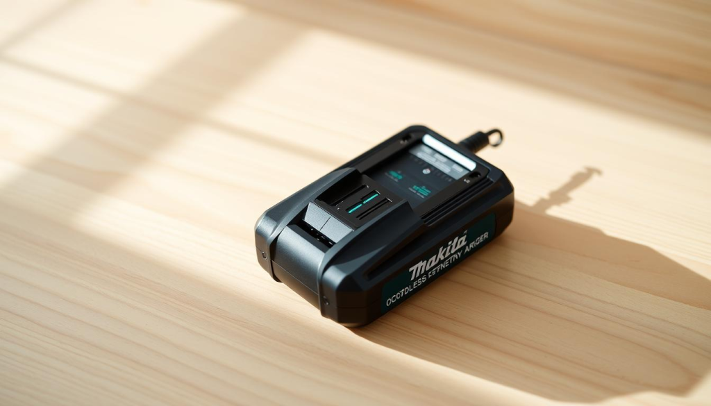 A Makita DC18RC cordless lithium-ion battery charger rests on a clean, well-lit wooden surface. The charger is depicted in high resolution, showcasing its sleek, modern design with a matte black finish and the Makita logo prominently displayed. The charger is positioned at a slight angle, allowing the viewer to see its various ports and indicators. Soft, diffused lighting from the side creates subtle shadows, enhancing the depth and texture of the device. The overall scene conveys a sense of simplicity and functionality, reflecting the efficient and user-friendly nature of the Makita cordless charging system.