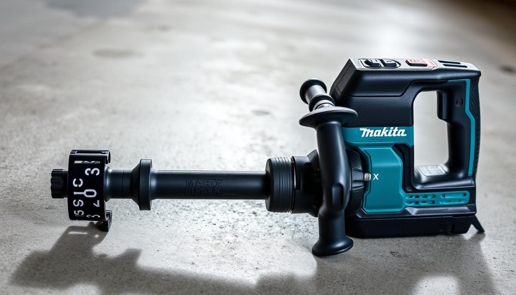 A Makita Demolition Hammer rests on a smooth, polished concrete surface, its sleek black and teal body gleaming under soft, even lighting. The tool's ergonomic grip and vibration-reducing handle are prominently featured, showcasing its user-centric design. In the middle ground, the powerful SDS-MAX mechanism and impact mechanism are visible, hinting at the tool's raw demolition power. The background is blurred, keeping the focus on the Makita's refined aesthetics and ergonomics. An atmosphere of precision, control, and professional-grade performance permeates the scene.