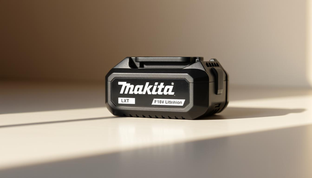 A Makita LXT 18V lithium-ion battery pack resting on a clean, white surface, illuminated by warm, directional lighting that casts subtle shadows. The battery has a sleek, matte black casing with the Makita logo prominently displayed. The edges and contours are sharply defined, giving the battery a sturdy, well-engineered appearance. The image conveys a sense of quality and durability, highlighting the key features that contribute to extended battery life during use.