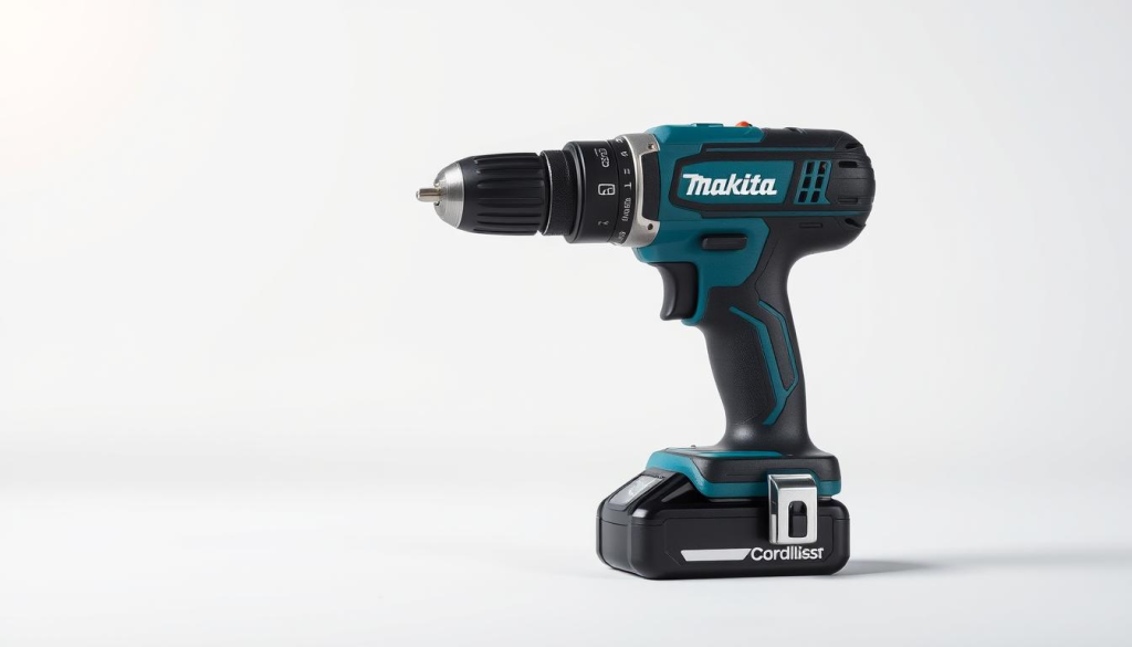 A Makita cordless drill/driver in a well-lit, minimalist studio setting. The power tool is positioned in the foreground, with a clean, white background. The drill is showcased from an angle, highlighting its sleek, ergonomic design and brushed metal accents. Soft, directional lighting creates subtle shadows, emphasizing the tool's depth and texture. The overall mood is professional, highlighting the Makita drill's quality and functionality as a key part of a standard power tool kit.