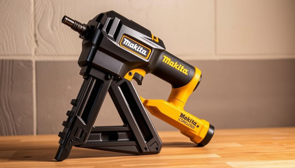 A Makita cordless framing nail gun rests on a workbench, its sleek black and yellow body gleaming under warm studio lighting. The tool is angled slightly, showcasing its ergonomic design and the powerful mechanism that drives its long, sharp nails into tough lumber. In the background, a neutral gray wall provides a clean, uncluttered backdrop, allowing the nail gun to be the focal point. The overall scene conveys a sense of precision, power, and professional-grade quality - the perfect image to illustrate a guide on choosing the right Makita nail gun for construction or home improvement projects.