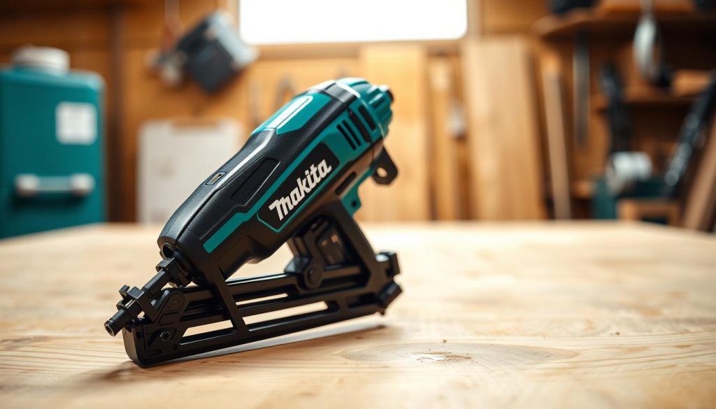 A Makita cordless nail gun resting on a wooden workbench, its sleek black and teal body gleaming under soft, even lighting. The tool is in focus, with the background gently blurred to draw the viewer's attention. The nail gun's ergonomic grip and trigger are clearly visible, hinting at the comfortable user experience. A warm, inviting atmosphere pervades the scene, conveying a sense of reliable craftsmanship and effortless productivity.
