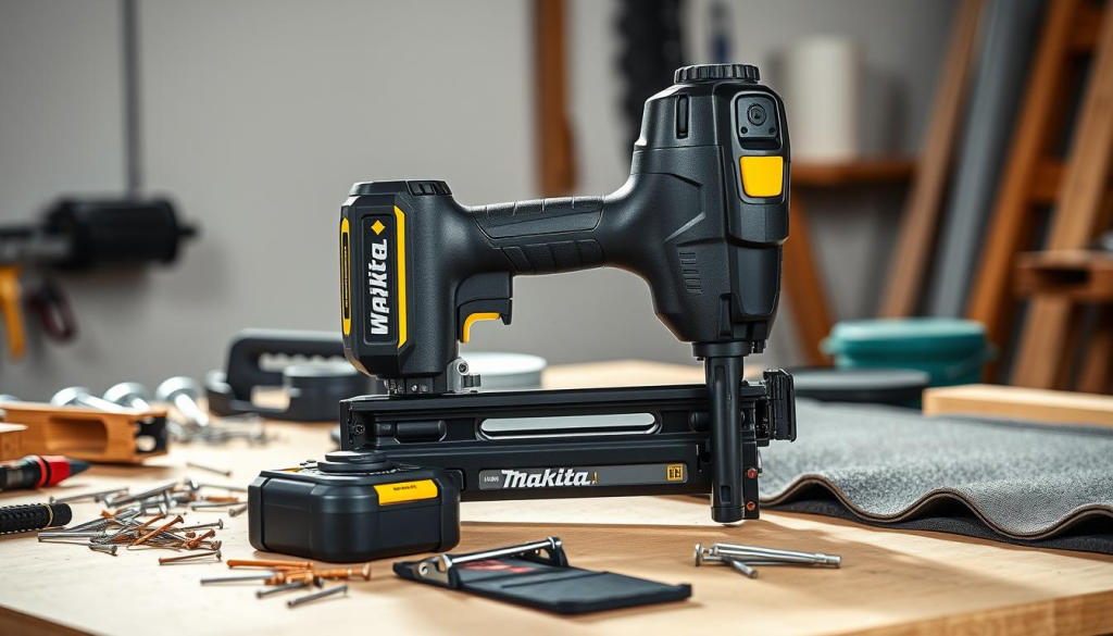 A Makita cordless roofing nailer sits prominently on a well-lit workbench, its sleek black body and yellow accents gleaming. The tool is surrounded by nails, roofing shingles, and other related materials, creating a sense of its professional purpose. Soft, directional lighting casts subtle shadows, emphasizing the nailer's robust construction and ergonomic design. The background is blurred, keeping the focus solely on the Makita tool and its accessories, conveying the reliable performance and versatility that make it an essential choice for roofers.