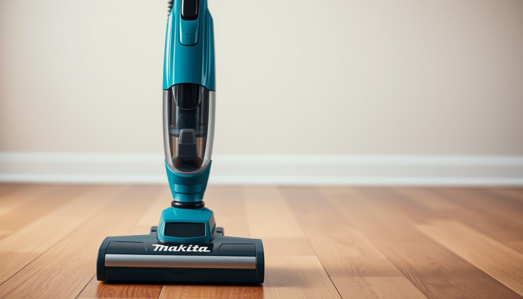 A Makita cordless vacuum cleaner, its sleek blue and silver body gleaming under warm studio lighting. It stands prominently in the foreground, its powerful suction nozzle ready to clean any surface. In the middle ground, a spotless hardwood floor reflects the vacuum's form, hinting at its impressive cleaning capabilities. The background fades into a softly blurred, minimalist setting, allowing the vacuum to be the focal point. The overall scene conveys a sense of efficiency, reliability, and effortless home maintenance - the hallmarks of the Makita brand.