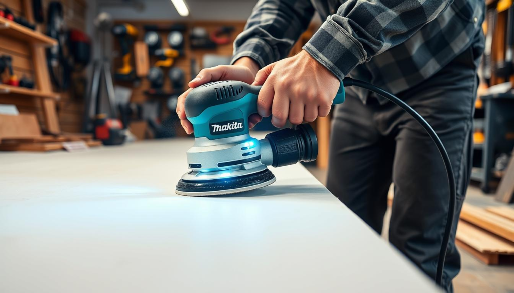 A Makita drywall sander in use, held in the steady hands of a skilled tradesman. The sander's powerful motor and large sanding disc effortlessly smooth the drywall surface, leaving behind a pristine, even finish. Bright LED lights illuminate the work area, casting a warm glow and allowing for precise control. The user's movements are fluid and efficient, guided by years of experience. The background is a well-lit, organized workshop filled with various power tools and materials, conveying a sense of professionalism and expertise. The overall scene exudes a mood of focus, productivity, and the pride that comes from a job well done.