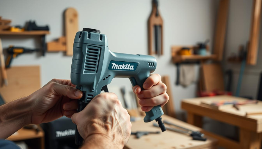 A Makita drywall screw gun in use, captured in a well-lit workshop setting. The operator's hands are firmly gripping the tool, their focus intently on the task at hand. The screw gun's sleek, gray design is highlighted by the soft, directional lighting, casting subtle shadows that accentuate its form. In the background, a neatly organized workbench and tools suggest a professional, experienced environment. The scene conveys the efficiency and precision required to expertly install drywall, showcasing the Makita screw gun as a reliable, versatile companion for wall-building projects.