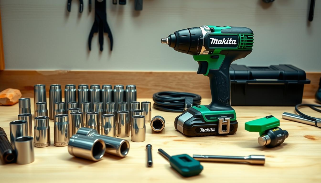 A Makita impact wrench kit with a sturdy, high-torque impact driver, an assortment of sockets and accessories, arranged on a clean, well-lit wooden workbench. The impact driver has a sleek, ergonomic design in a vibrant green hue, contrasting with the silver and black of the sockets. The tools are meticulously organized, suggesting their importance in DIY projects. Soft, diffused lighting from above casts subtle shadows, emphasizing the textures and details of the equipment. The overall atmosphere is one of professionalism and utility, befitting the essential accessories for a powerful Makita impact gun.