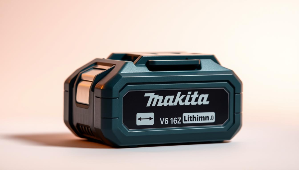 A Makita lithium-ion battery, sleek and compact, resting against a clean, white backdrop. The battery's metallic casing gleams under the warm, diffused lighting, highlighting its modern, industrial design. The edges are sharp, the contours well-defined, conveying a sense of power and durability. The battery's capacity and voltage information are visible, showcasing the technical specifications that make it a reliable power source for Makita's versatile power tools. The image captures the battery's role as the heart of the Makita multi-tool, providing the necessary energy to tackle a wide range of projects with efficiency and performance.