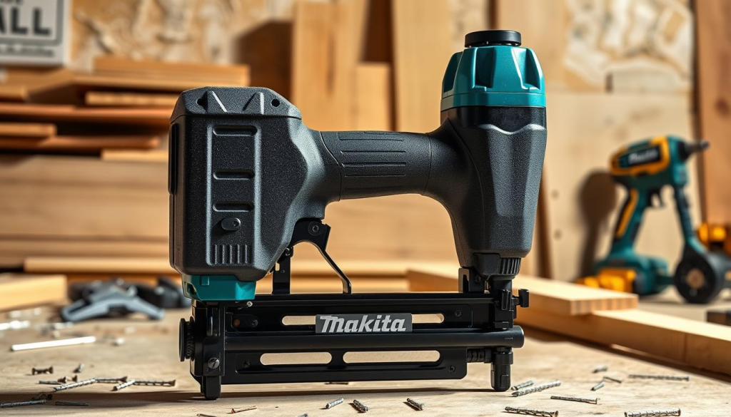 A Makita nail gun on a workbench, against a backdrop of construction materials - wood planks, nails, and power tools. The nail gun is shown in close-up, with a focus on the safety features - the trigger lock, the exhaust port, and the depth adjustment dial. The lighting is bright and directional, creating distinct shadows and highlights that accentuate the textures and details of the tool. The overall mood is one of professionalism and attention to safety, conveying the importance of proper nail gun handling in a roofing or construction setting.