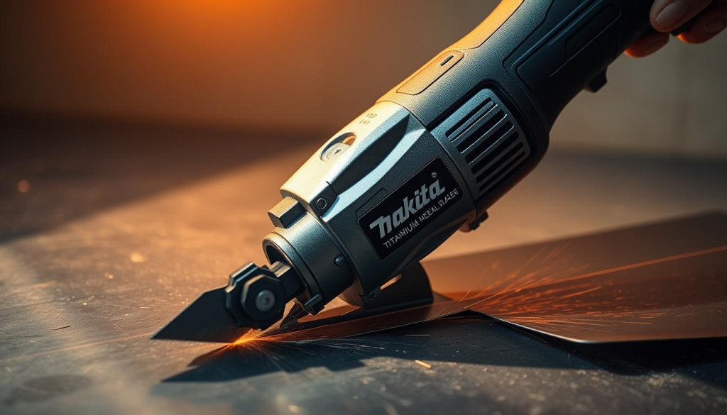 A Makita nibbler cutting through a sheet of stainless steel, illuminated by warm, directional lighting that casts dynamic shadows. The tool's sleek, precision-engineered design is captured in intricate detail, with its powerful motor and sharp, titanium-coated blades effortlessly slicing through the metal. The resulting cut edges are clean and burr-free, showcasing the nibbler's impressive cutting capabilities. The background is a neutral, uncluttered environment, allowing the tool and its work to be the focal point of the image.