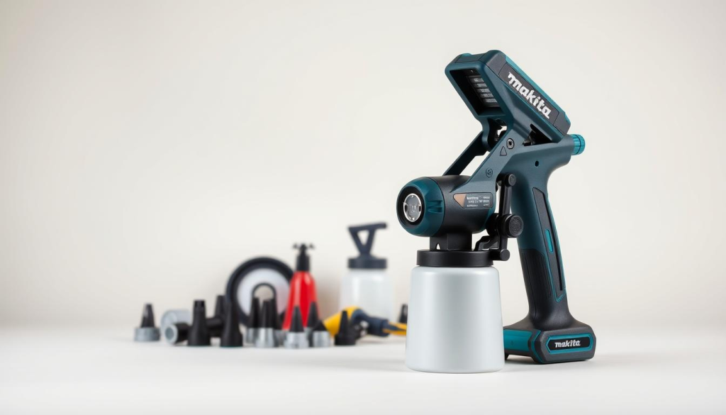 A Makita paint sprayer set against a soft, neutral background. The device is positioned in the foreground, showcasing its sleek, ergonomic design with prominent controls and settings. Ambient lighting gently illuminates the sprayer, highlighting its high-quality construction and attention to detail. The middle ground features various painting accessories, such as spray tips and filters, neatly arranged to complement the main subject. The background subtly suggests a workshop or home improvement setting, creating a sense of context for the tool's intended use. The overall composition conveys a clean, professional, and informative atmosphere, inviting the viewer to explore the step-by-step guide for using this Makita paint sprayer.