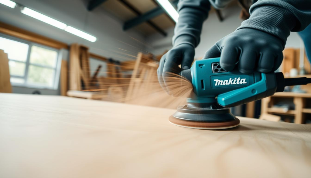 A Makita polisher spinning and sanding a smooth, wooden surface in a well-lit, professional workshop. The polisher's powerful rotation is captured in motion blur, creating a dynamic, energetic scene. The tool's ergonomic design and vibrant blue color stand out against the neutral tones of the workshop. Diffused lighting from overhead lamps casts subtle shadows, accentuating the textures of the wood and the polisher's movement. The camera angle is slightly elevated, providing an immersive, up-close perspective that showcases the Makita polisher's performance and the craftsperson's skilled handling of the tool.