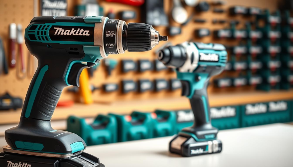 A Makita power drill displayed on a clean, well-lit workbench, showcasing its key features. In the foreground, the drill's ergonomic handle, variable speed trigger, and brushless motor are prominently visible, highlighting its power and precision. The middle ground features the drill's robust, lightweight construction, with a focus on the metal gearing and sturdy casing. In the background, a softly blurred array of Makita's signature green and black color scheme, conveying a sense of quality and reliability. The entire scene is lit with a warm, natural light, accentuating the drill's high-performance capabilities and making it an appealing tool for any DIY or professional project.