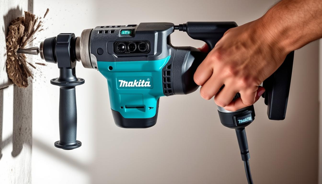 A Makita rotary hammer drill in action, capturing the power and precision of this essential tool. The operator holds the device firmly, its high-torque motor driving the sturdy drill bit into a concrete wall, generating a shower of dust and debris. The robust, ergonomic design of the hammer drill is highlighted, emphasizing its utility for demanding construction and renovation tasks. Bright, directional lighting illuminates the scene, casting dramatic shadows and accentuating the drill's dynamic movement. The background is a simple, clean workspace, allowing the tool to be the central focus of the image.
