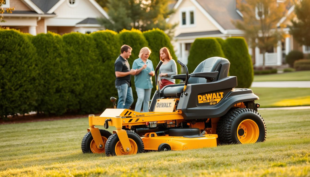 A beautifully photographed DEWALT zero turn mower, its sleek lines and powerful engine capturing the attention of the viewer. The mower stands prominently in the foreground, its vibrant green and yellow color palette reflecting the lush, manicured lawn it rests upon. In the middle ground, several satisfied homeowners examine the mower, discussing its features and performance with animated gestures. The background is a serene suburban neighborhood, with neatly trimmed hedges and well-maintained homes, conveying a sense of pride and attention to detail. Warm, natural lighting bathes the scene, highlighting the mower's rugged construction and the homeowners' expressions of satisfaction. The overall atmosphere is one of quality, efficiency, and the satisfaction of a job well done.