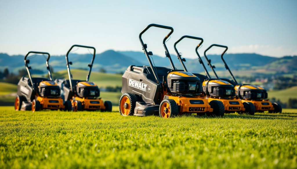 A breathtaking outdoor scene showcasing a lineup of sleek and powerful DEWALT lawn mowers. In the foreground, the machines stand tall, their distinctive yellow and black color scheme gleaming under the warm afternoon sunlight. Carefully arranged in a visually striking manner, the lawn mowers appear to be waiting for their next task, ready to tackle any lawn with precision and efficiency. In the middle ground, a lush, well-manicured lawn extends, hinting at the remarkable results these tools can produce. The background features a tranquil landscape, with rolling hills and a clear blue sky, creating a sense of serene harmony. The overall composition exudes a professional, high-quality aesthetic, perfectly capturing the essence of DEWALT's commitment to delivering exceptional lawn care solutions.