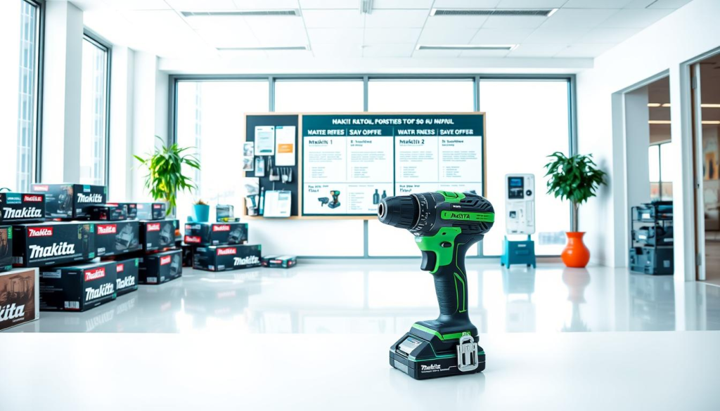 A bright, modern office setting with a sleek, minimalist design. In the foreground, a Makita power tool prominently displayed, its vibrant green and black color scheme contrasting against the clean, white background. Surrounding the tool, various Makita product boxes and promotional materials, arranged in an eye-catching, visually appealing manner. In the middle ground, a bulletin board showcasing Makita rebate offers, with clean, easy-to-read text and graphics. The background features a large window, allowing natural light to flood the space and creating a sense of openness and transparency. The overall mood is one of professionalism, efficiency, and the opportunity to save money on high-quality power tools.